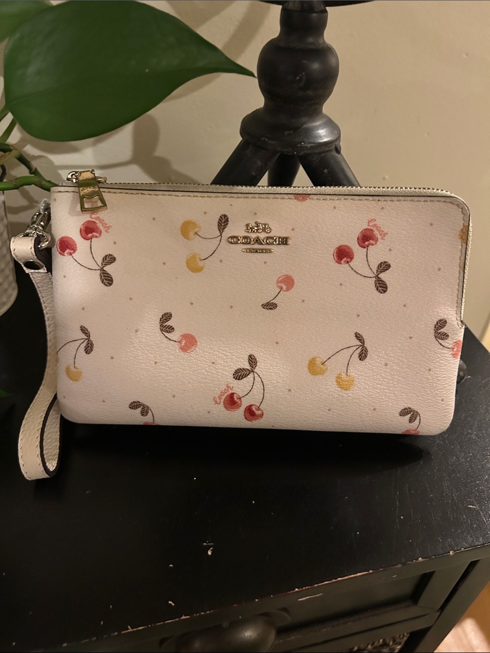 Coach Cream Cherry Print Leather Wristlet Clutch with Gold Hardware